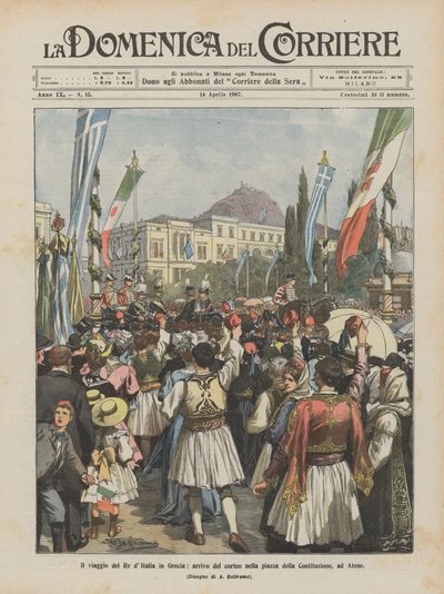 Die Reise des Königs von Italien nach Griechenland, Ankunft des Zuges auf dem Verfassungsplatz in Athen von Achille Beltrame