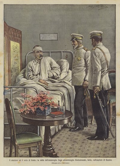 Der Sieger und der Besiegte gegenüber, der Besuch von Admiral Togo bei Admiral Rodiestvenski von Achille Beltrame