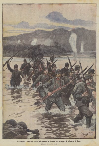 In Albanien überqueren die tapferen Territorialen die Vojussa, um das Dorf Kuta anzugreifen von Achille Beltrame