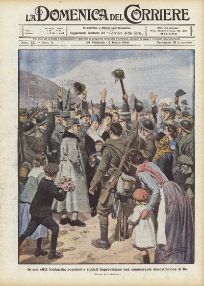 In einer lombardischen Stadt improvisieren Bürger und Soldaten eine rührende Demonstration für den König von Achille Beltrame