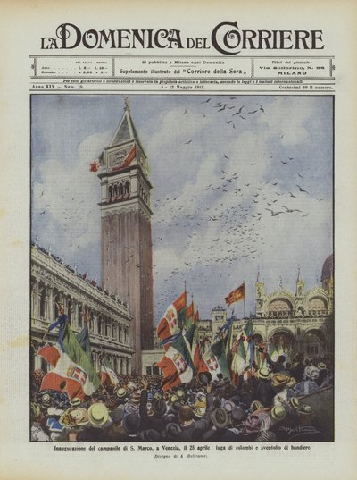 Einweihung des Glockenturms von S. Marco in Venedig am 25. April, Taubenflucht und Fahnenwehen von Achille Beltrame