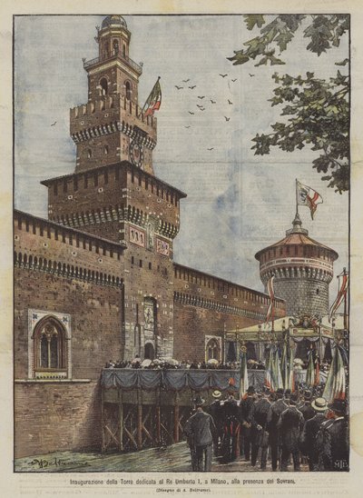Einweihung des dem König Umberto I. gewidmeten Turms in Mailand, in Anwesenheit der Herrscher von Achille Beltrame