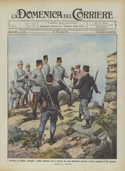 Grenzvorfälle, österreichischer General und Soldaten ziehen sich von Cima Mandriolo zurück von Achille Beltrame