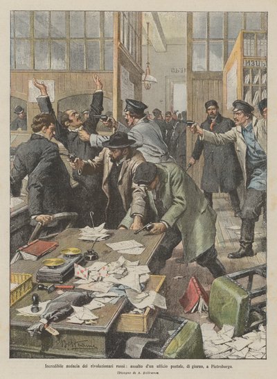 Unglaubliche Kühnheit der russischen Revolutionäre, Angriff auf ein Postamt am Tag in St. Petersburg von Achille Beltrame