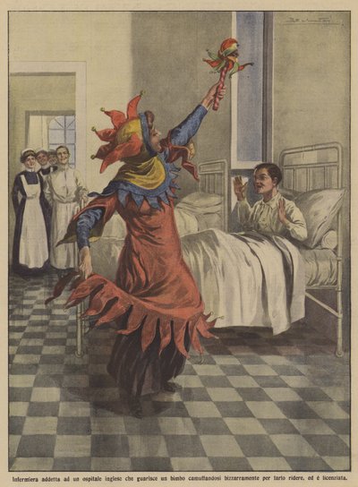 Eine Krankenschwester in einem englischen Krankenhaus heilt ein Kind, indem sie sich bizarr verkleidet von Achille Beltrame