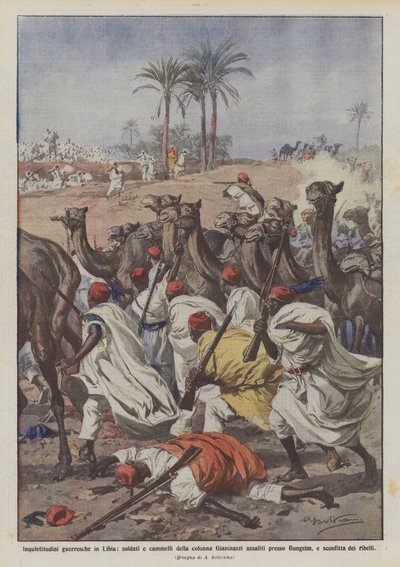 Kriegsunruhen in Libyen, Soldaten und Kamele der Gianinazzi-Kolonne angegriffen von Achille Beltrame