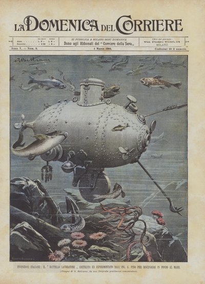 Italienische Erfindungen, das Arbeitsschiff gebaut und getestet von Ing. G. Pino von Achille Beltrame