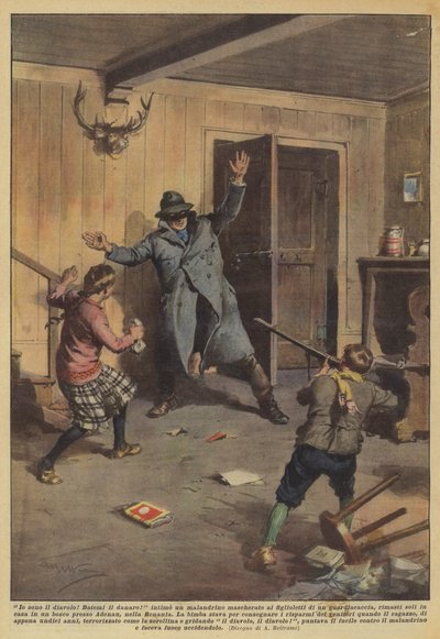 Ich bin der Teufel! Gib mir das Geld! befahl ein maskierter Gauner den Kindern von Achille Beltrame