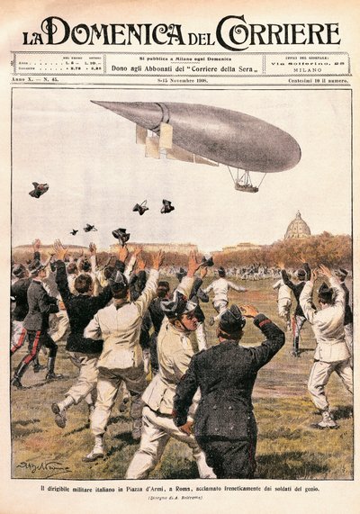 Flug des Luftschiffs, gesteuert von Crocco und Ricaldoni in Rom, am 31. Oktober von Achille Beltrame