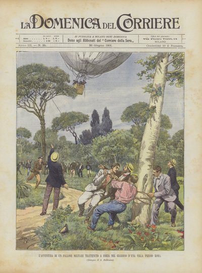 Das Abenteuer eines Militärballons, der gewaltsam im Garten einer Villa bei Rom festgehalten wird von Achille Beltrame