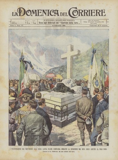 Die Einweihung des Denkmals für den Bergführer Ollier, der während der Expedition des Herzogs ? verschwand von Achille Beltrame