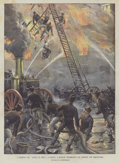 Der Brand der Banco di Pietà in Neapel, das dramatische Ereignis der Feuerwehrleute, die abstürzen von Achille Beltrame
