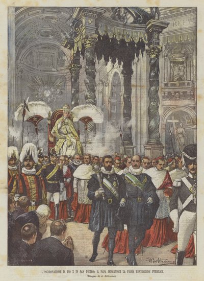 Die Krönung von Pius X. in St. Peter, der Papst erteilt den ersten öffentlichen Segen von Achille Beltrame