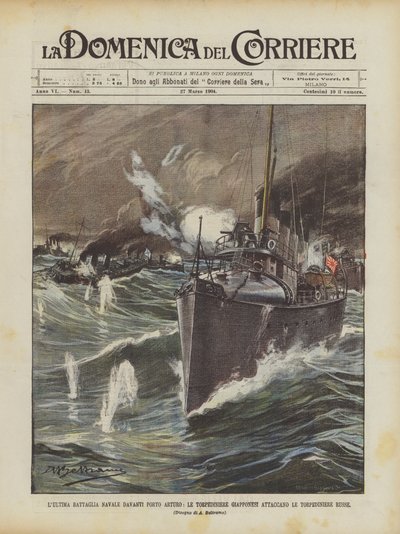 Die letzte Seeschlacht vor Port Arthur, die japanischen Torpedoboote greifen die russischen Torpedoboote an von Achille Beltrame