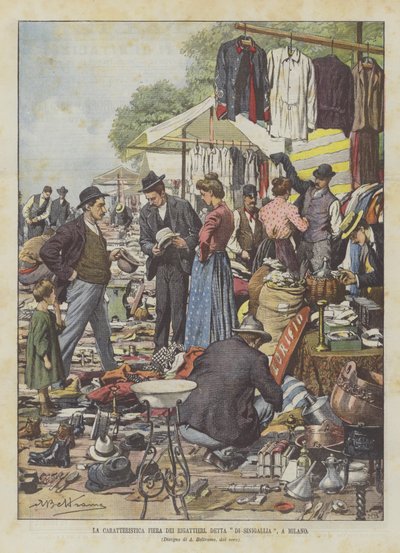 Der charakteristische Trödelmarkt, genannt Sinigallia in Mailand von Achille Beltrame