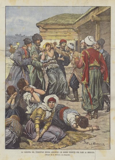 Die Hungersnot in Turkestan (Russland Asien), Frauen werden aus Hunger auf dem Markt verkauft von Achille Beltrame