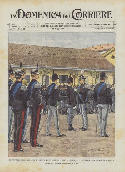 Die Verleihung der Silbermedaille an einen alpinen Soldaten in Mailand für eine große Heldentat von Achille Beltrame