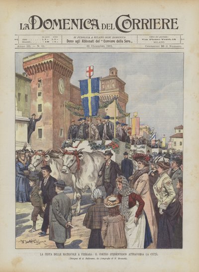 Das Fest der Erstsemester in Ferrara, der Studentenumzug durchquert die Stadt von Achille Beltrame
