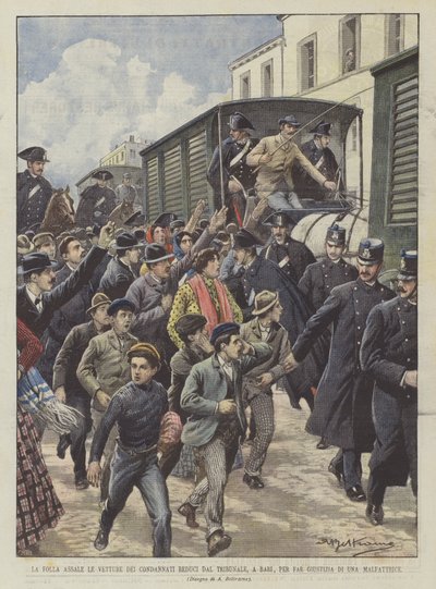 Die Menge greift die Wagen der Verurteilten an, die aus dem Gericht in Bari zurückkehren, um eine Verbrecherin zu bestrafen von Achille Beltrame