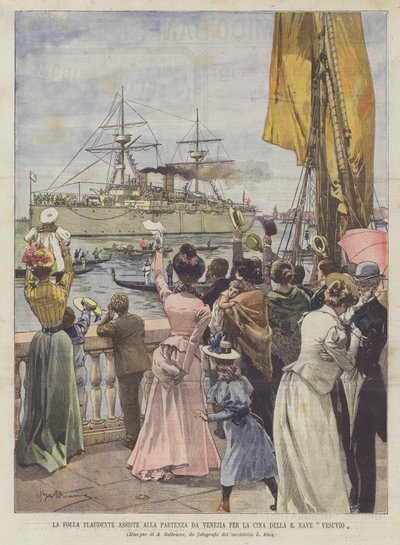 Die jubelnde Menge beobachtet die Abfahrt des Kriegsschiffs Vesuvio nach China von Venedig von Achille Beltrame