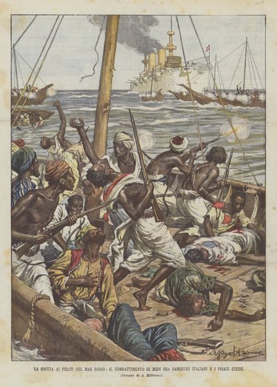 Die Jagd auf die Piraten des Roten Meeres, der Kampf von Midy zwischen italienischen Sambuchi und den Piraten von Achille Beltrame