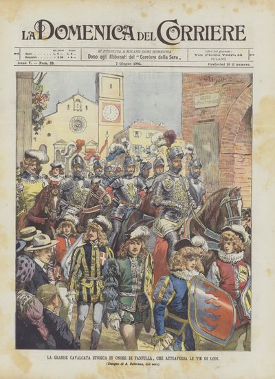 Der große historische Umzug zu Ehren von Fanfulla, der durch die Straßen von Lodi zieht von Achille Beltrame