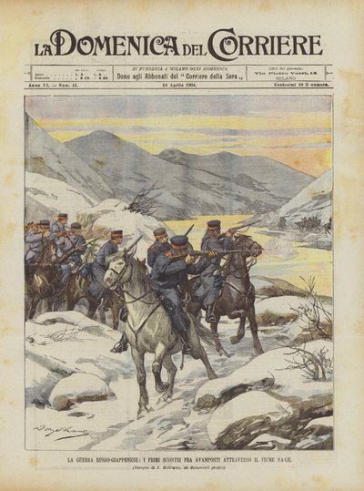 Der Russisch-Japanische Krieg, die ersten Zusammenstöße zwischen Vorposten am Fluss Ya-Lu von Achille Beltrame
