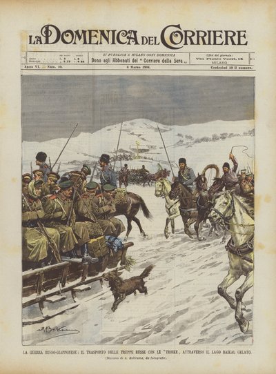 Der Russisch-Japanische Krieg, der Transport russischer Truppen mit Troikas über den gefrorenen Baikalsee von Achille Beltrame