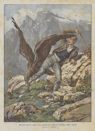 Der Kampf zwischen einem Adler und einem Hirten auf dem Berg Zerie bei Triest von Achille Beltrame