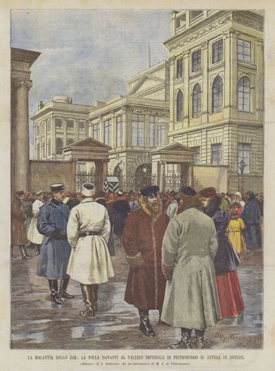 Die Krankheit des Zaren, die Menge vor dem kaiserlichen Palast in St. Petersburg wartet auf Nachrichten von Achille Beltrame