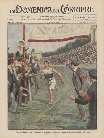 Der italienische Marathonlauf in Mailand am 27. September, das Eintreffen des Siegers am Ziel in der Arena von Achille Beltrame