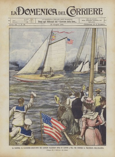 Die Abreise von Gloucester (USA) des Kapitäns Blackburn auf einem Segelkanu von Achille Beltrame