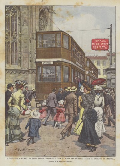 Der Frühling in Mailand, die Menge stürmt die Straßenbahnen von Monza, um den Sonntag auf dem Land zu verbringen von Achille Beltrame