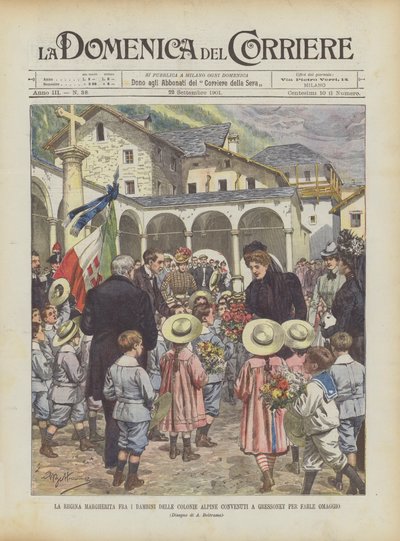 Königin Margherita unter den Kindern der Alpenkolonien, die in Gressoney zusammengekommen sind, um ihr zu huldigen von Achille Beltrame
