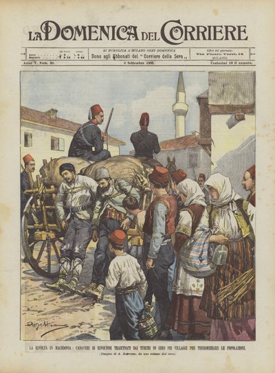 Der Aufstand in Mazedonien, Leichen von Aufständischen werden von den Türken durch die Dörfer geschleppt von Achille Beltrame