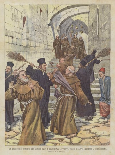Die tragikomische Schlägerei zwischen griechischen Mönchen und Franziskanern am Heiligen Grab in Jerusalem von Achille Beltrame