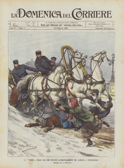 Die Troika des Zaren überfährt versehentlich drei Mädchen in St. Petersburg von Achille Beltrame