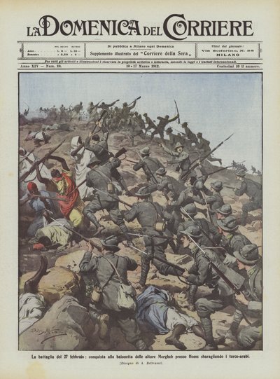 Die Schlacht vom 27. Februar, Bajonettangriff auf die Höhen von Mergheb bei Homs, die türkisch-arabischen Truppen werden zerschlagen von Achille Beltrame