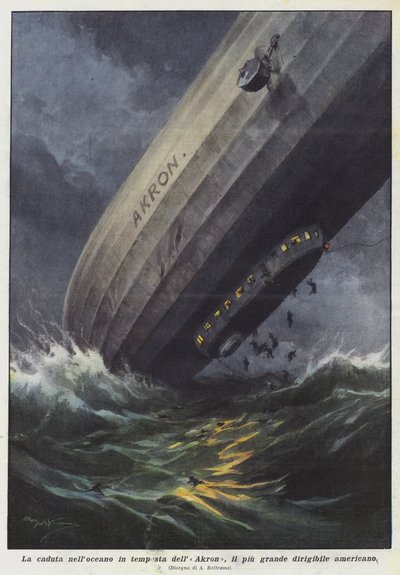 Der Sturz des Akron, des größten amerikanischen Luftschiffs, in den stürmischen Ozean von Achille Beltrame