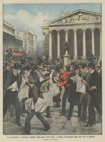 Die Ergriffenheit und das öffentliche Interesse auf dem Börsenplatz in London am Tag nach dem Tod von König Edward von Achille Beltrame