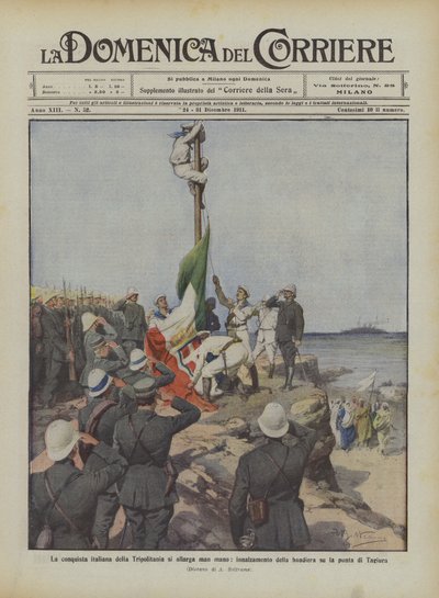 Die italienische Eroberung von Tripolitanien weitet sich aus, Hissen der Flagge auf der Spitze von Tagiura von Achille Beltrame