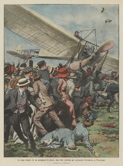 Die tragische Flucht eines Flugzeugs inmitten der Menge, die gekommen war, um den Flieger in Worcester zu begrüßen von Achille Beltrame