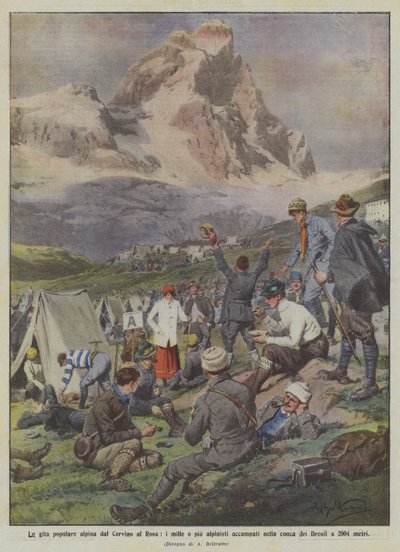 Die alpine Volkswanderung vom Matterhorn zum Rosa, über tausend Bergsteiger lagern in der Breuil-Mulde auf 2004 Metern von Achille Beltrame