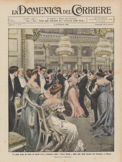 Der große Ball am Montagabend zugunsten des Roten Kreuzes in den Sälen der Gesellschaft des Gartens in Mailand von Achille Beltrame