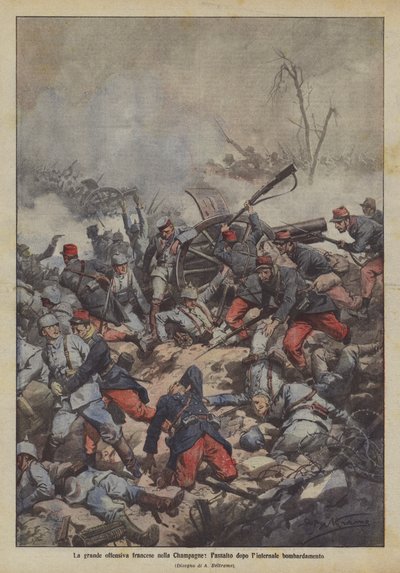 Die große französische Offensive in der Champagne, der Angriff nach dem intensiven Bombardement von Achille Beltrame