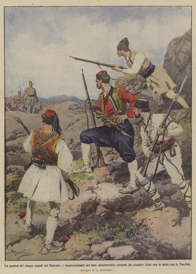 Der Krieg der fünf Völker auf dem Balkan, die Vertreter in ihren charakteristischen Trachten... von Achille Beltrame