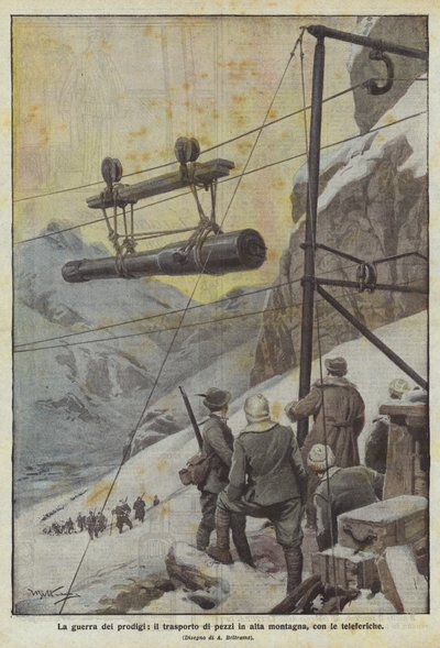 Der Krieg der Wunder, der Transport von Geschützen in die hohen Berge mit Seilbahnen von Achille Beltrame