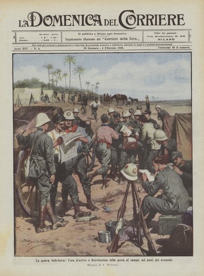 Der italo-türkische Krieg, die Ankunft und Verteilung der Post im Lager, in den am weitesten vorgeschobenen Posten von Achille Beltrame