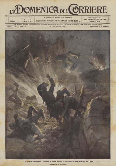 Der unterirdische Krieg, Explosion unserer Minen südwestlich von San Martino del Carso von Achille Beltrame