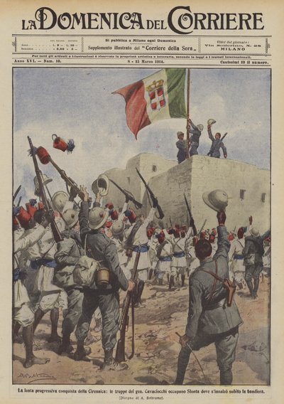 Der langsame Fortschritt der Eroberung der Cyrenaika, die Truppen von General Cavaciocchi besetzen Slonta von Achille Beltrame